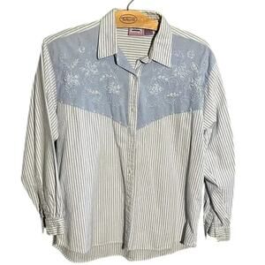 Premier International Embroidered Western Shirt XL Blue Striped Cotton